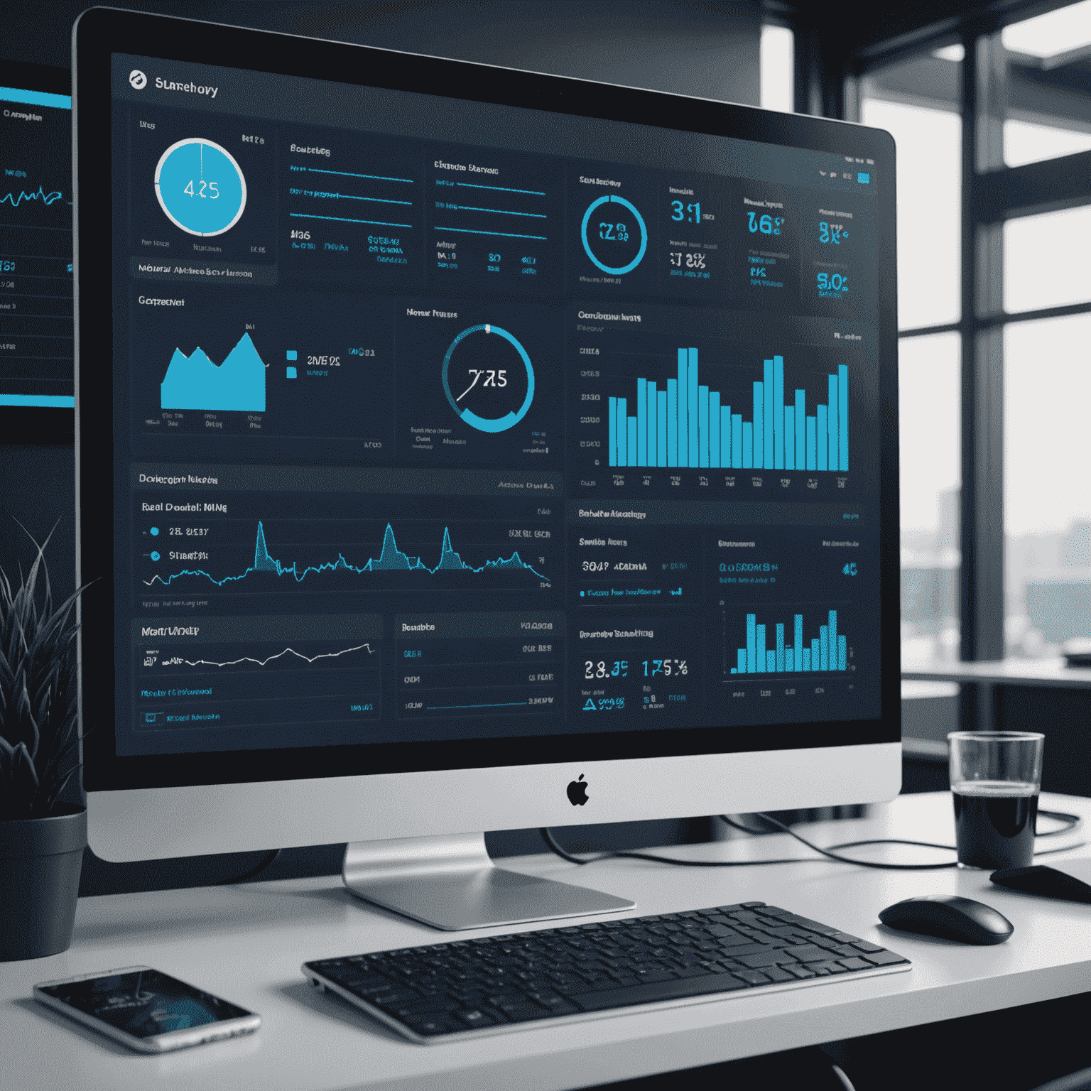 Dashboard showcasing various RMM metrics and real-time monitoring of network devices. The interface displays system health, alerts, and performance graphs in a clean, modern design with navy blue and light blue color scheme.