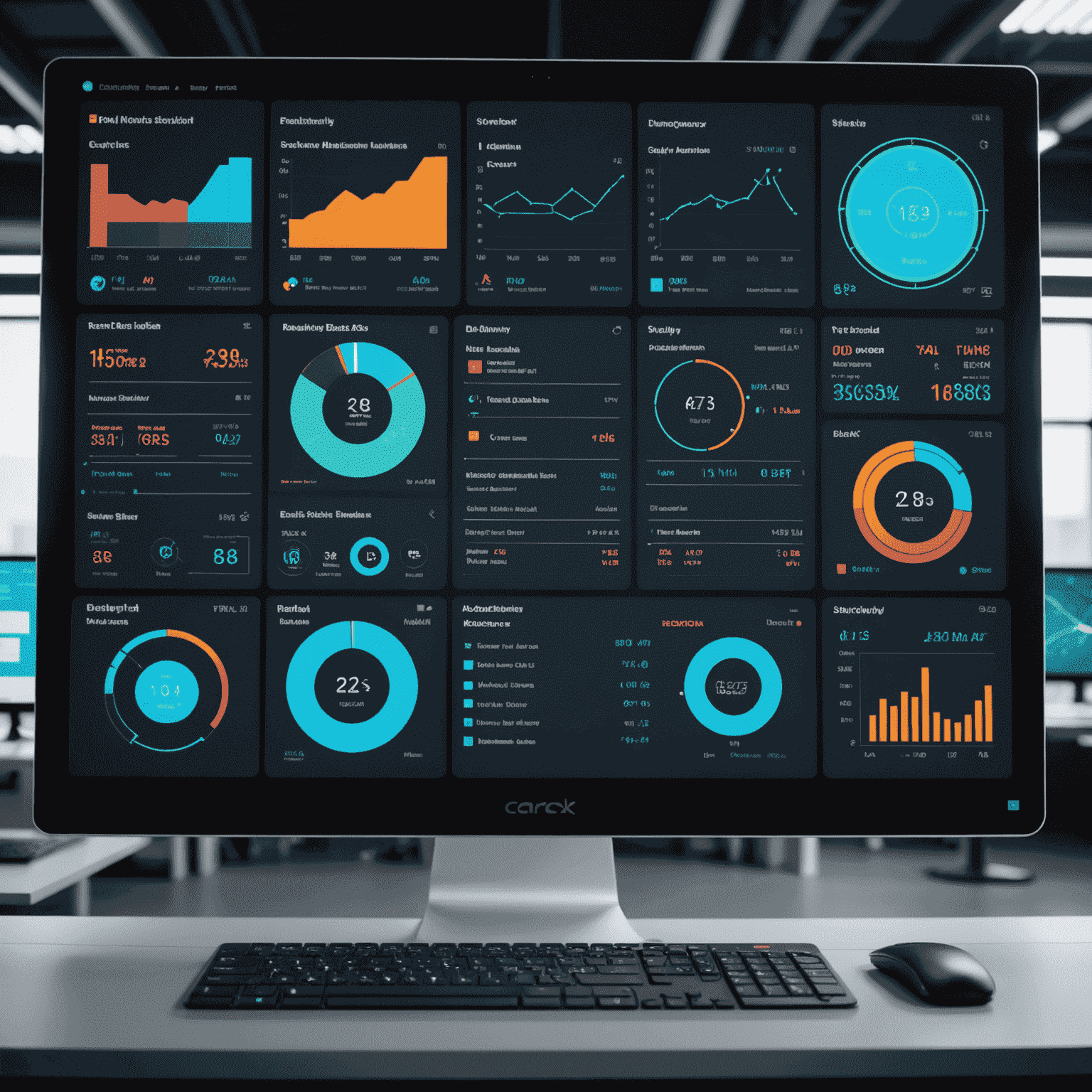 A futuristic dashboard displaying various IT management metrics and network status indicators, showcasing the new RMM solution's capabilities