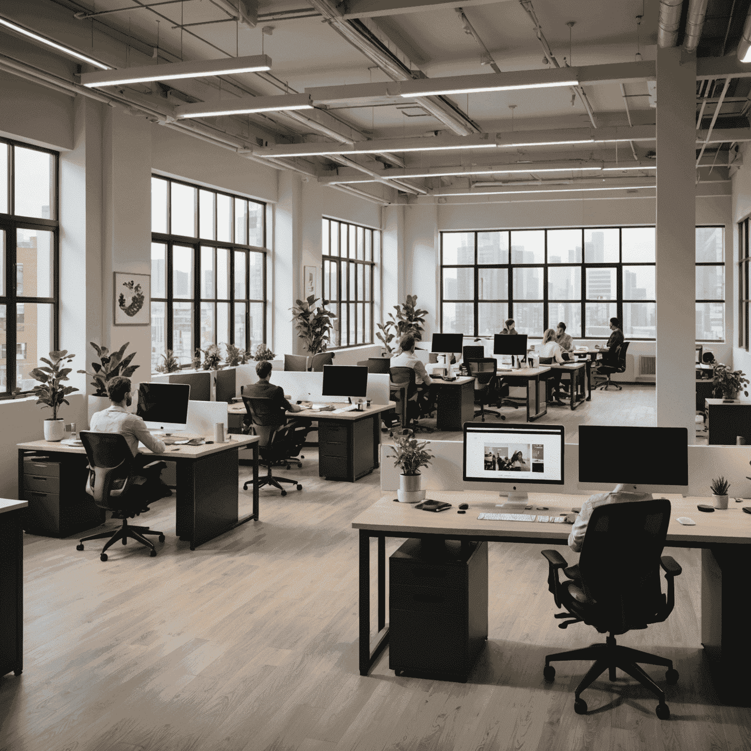 A modern office space with young professionals working on computers