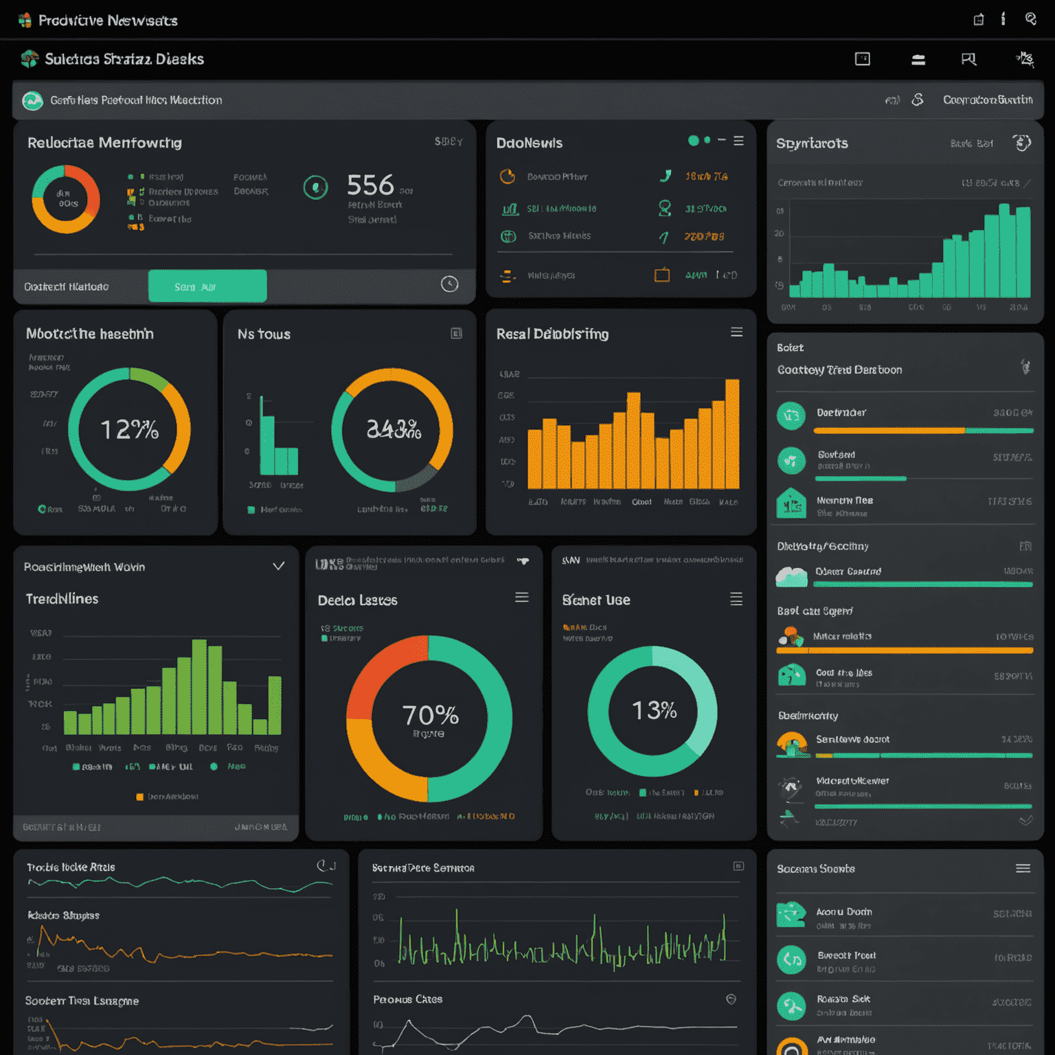 Remote monitoring dashboard showing various device statuses, network performance graphs, and real-time alerts for proactive issue detection