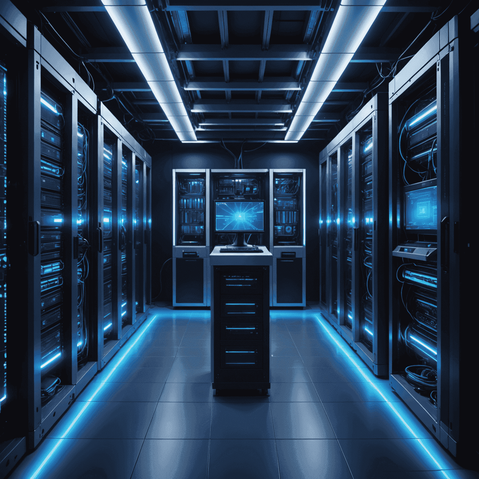 A modern server room with glowing blue lights, showcasing automated maintenance processes in action.