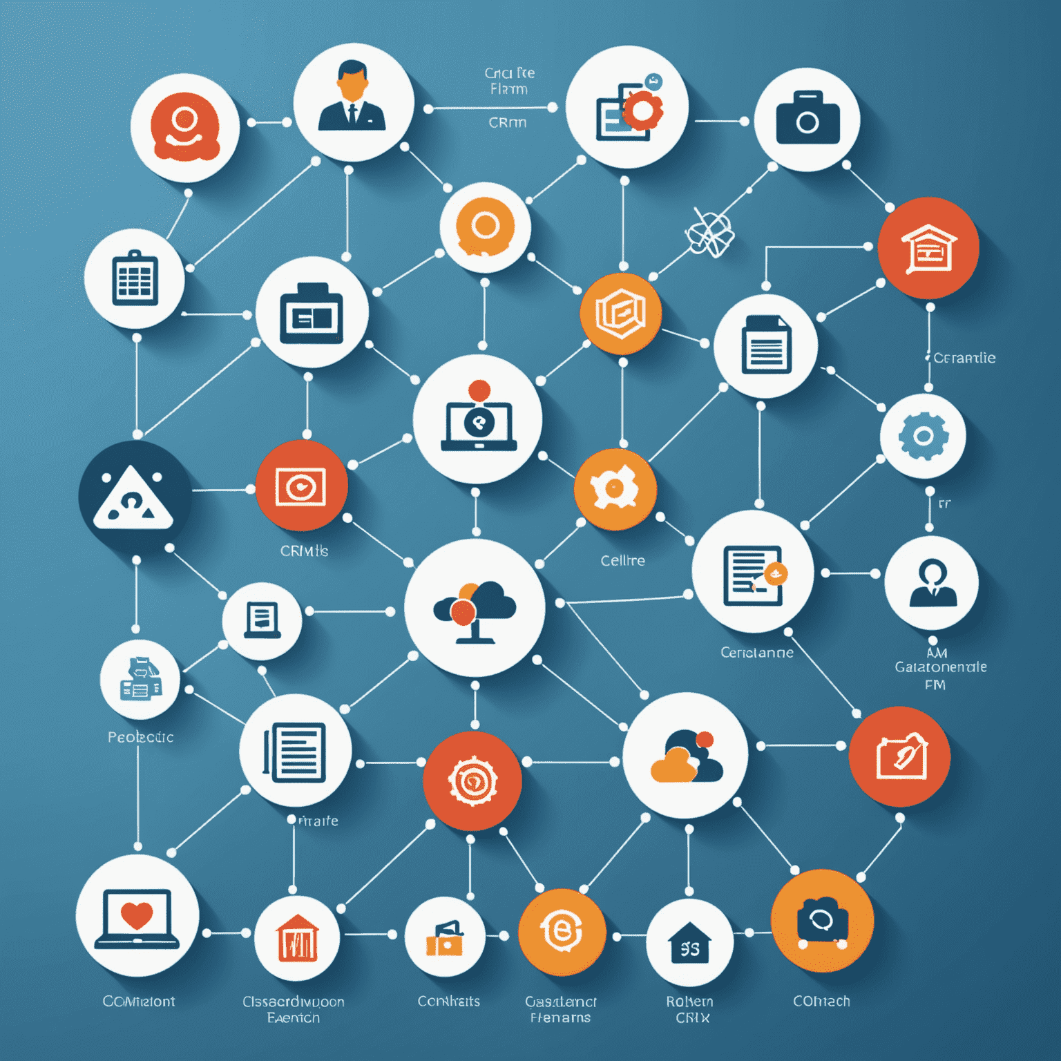 Visual representation of CRM and RMM integration. The image shows interconnected modules for customer management, sales pipeline, support tickets, and network monitoring. Icons and flow charts illustrate the seamless data exchange between CRM and RMM systems.