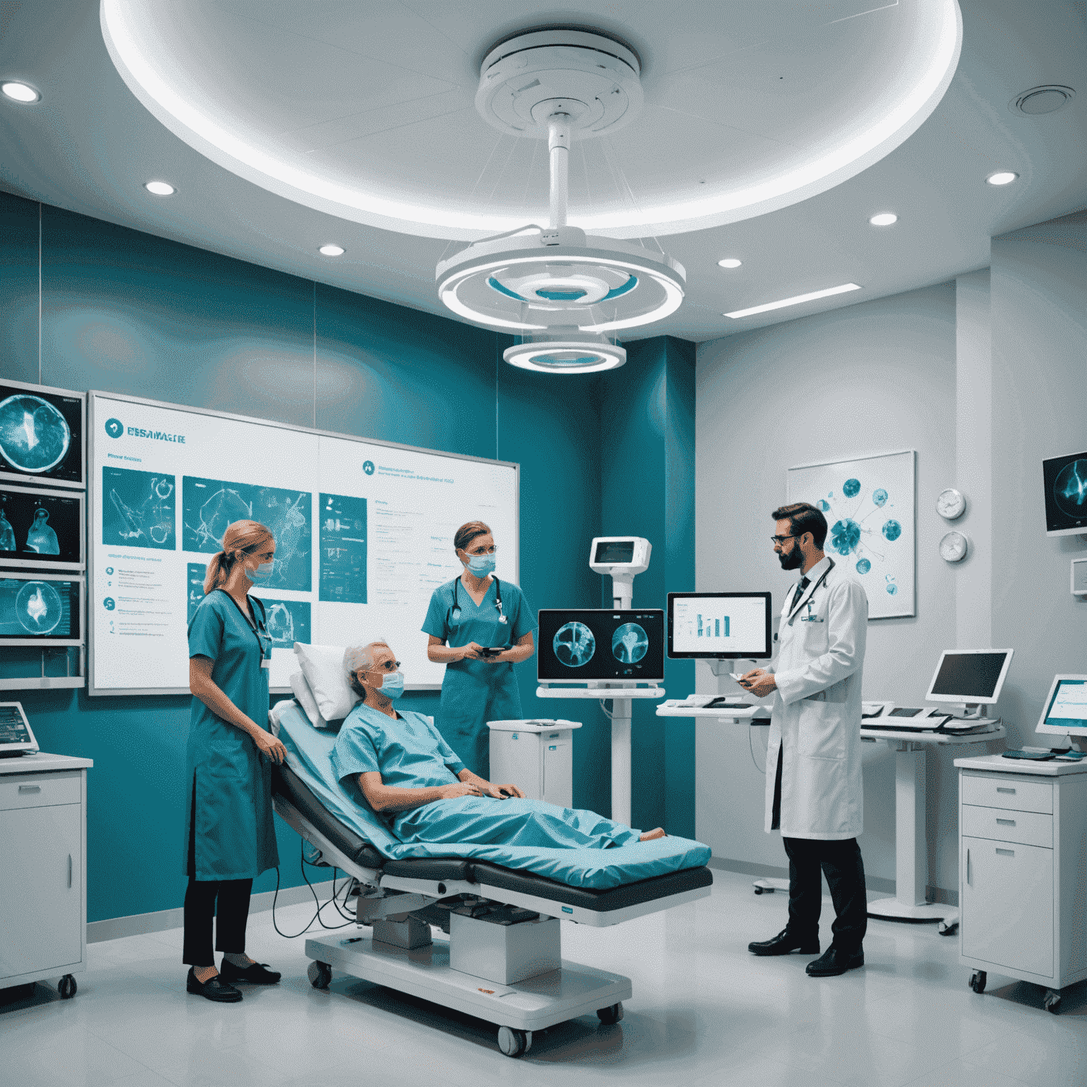 A modern healthcare facility with medical professionals using advanced technology