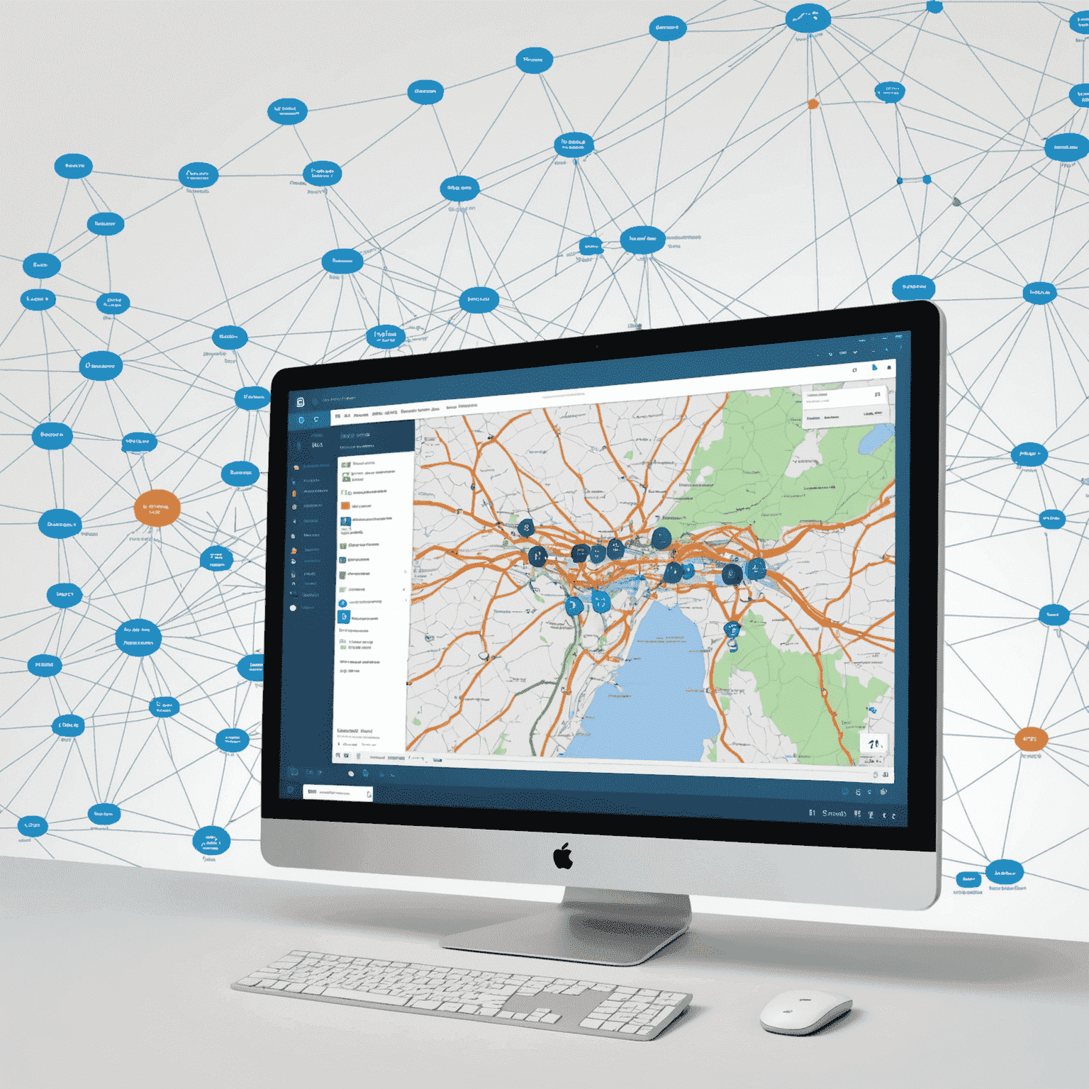 A split-screen image showing a network topology map on one side and a CRM dashboard on the other, connected by flowing data streams.