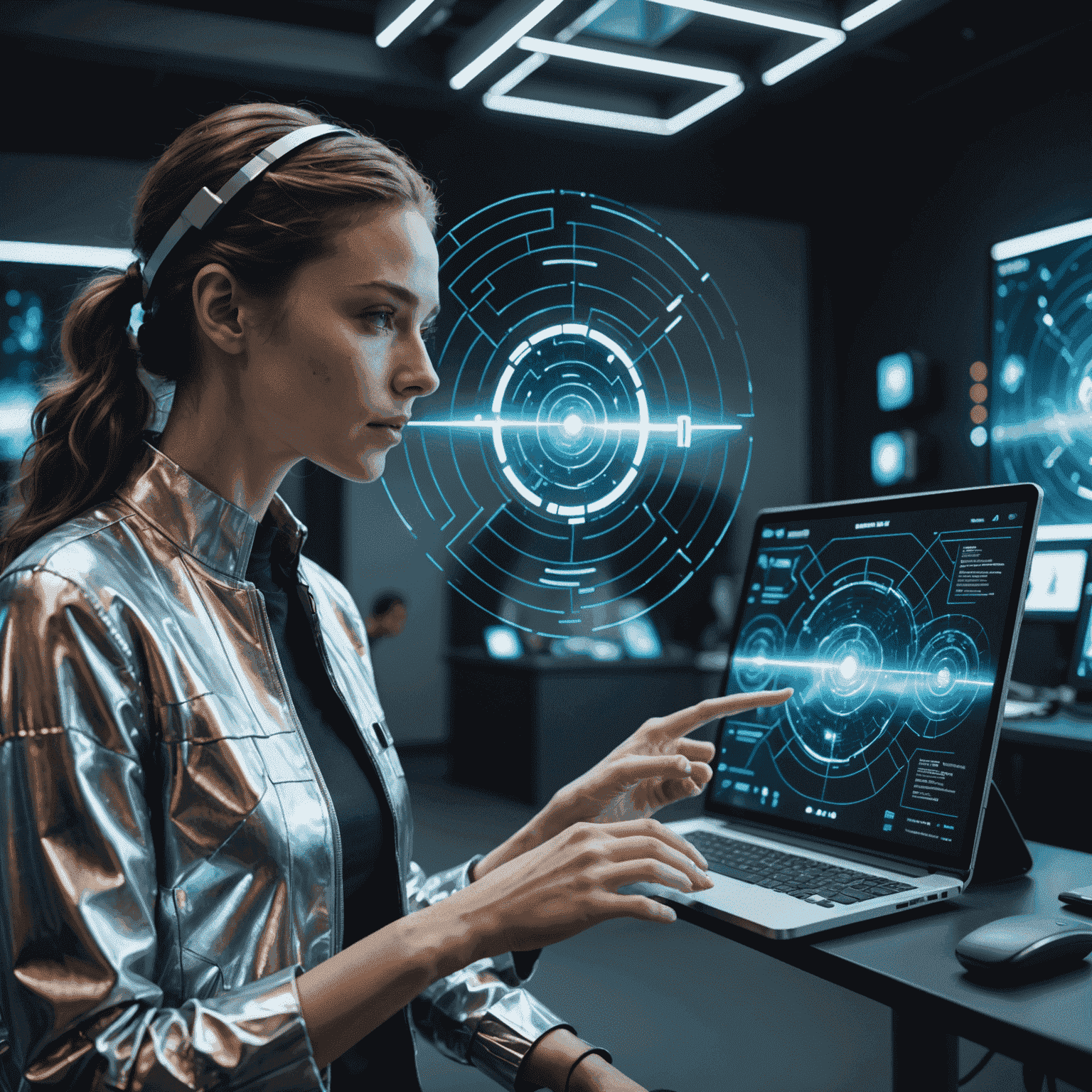 A futuristic image representing the latest technology trends, showing a person interacting with holographic displays and AI-powered devices