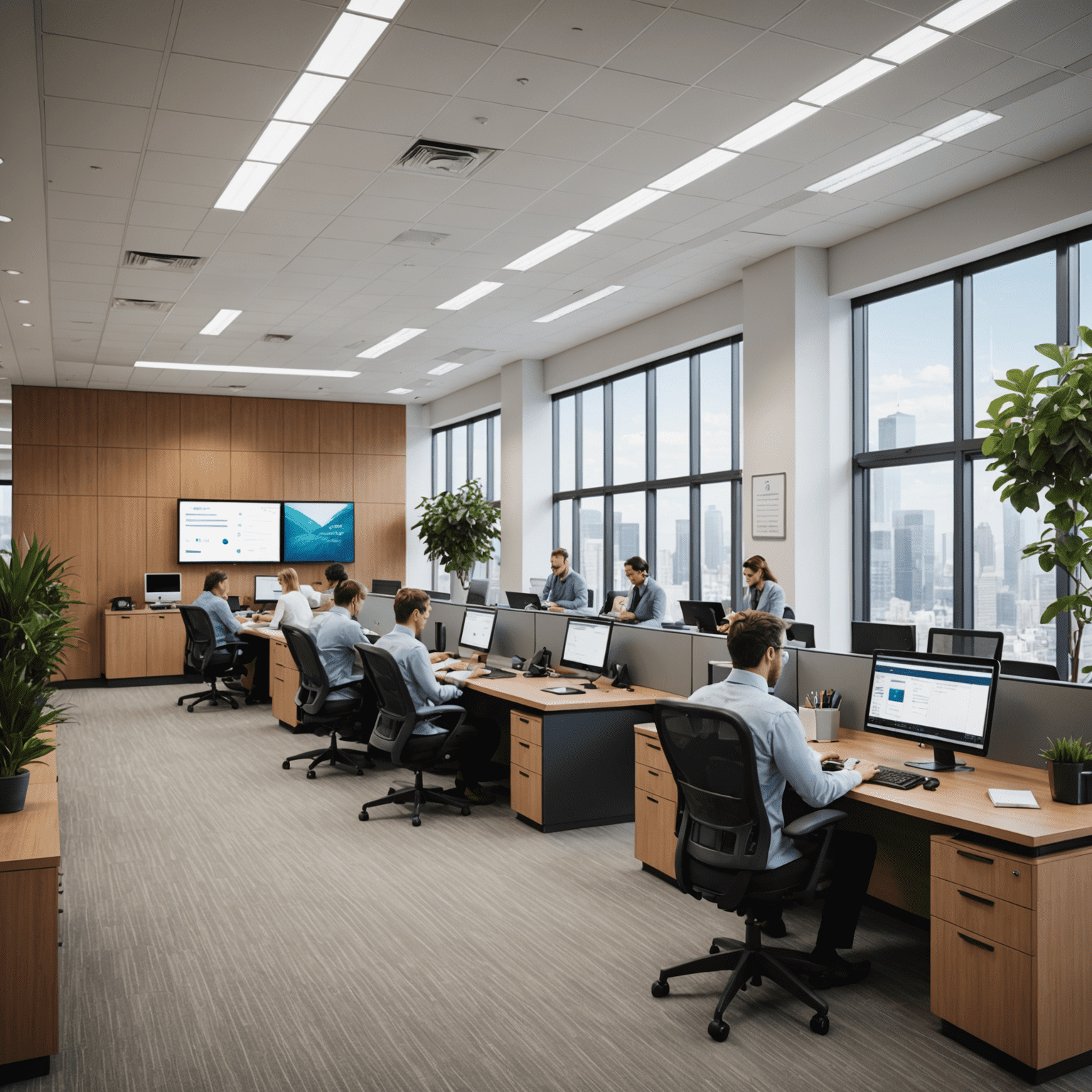 A professional financial services office with employees working efficiently